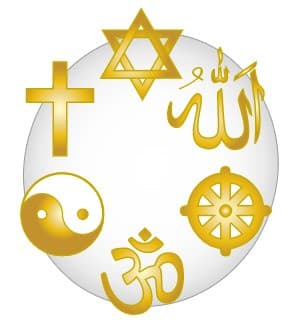 A circle representation of the religious symbols for Christianity,, Judaism, Islam, Buddhism, Hinduism, and Taoism.